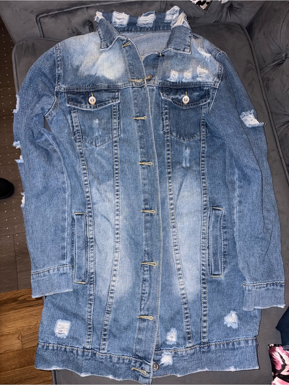 Distressed Long Blue Denim Jacket